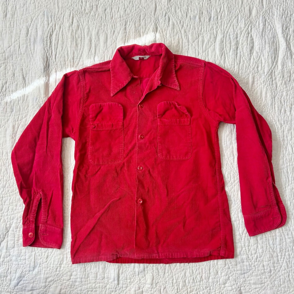 Vintage Penneys 1950s Red Corduroy Button Down loop collar Shirt Size 16